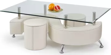 Halmar Konferenční stolek Nina 3 H, sklo/bílý + taburety