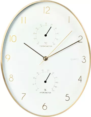 Nástěnné hodiny s teploměrem a vlhkoměrem 34,5 cm zlatý rám